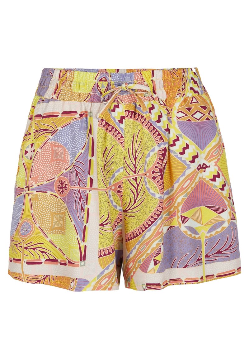 Bunte gemusterte Damen-Shorts mit elastischem Bund und vorderem Kordelzug, die abstrakte Blumen- und geometrische Designs in Gelb, Pink und Lila zeigen.