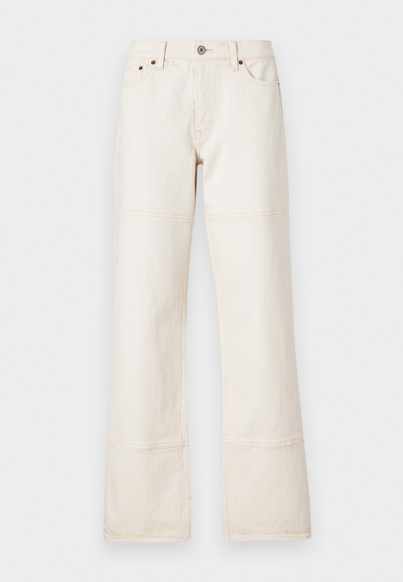 Weite, hoch geschnittene Jeans aus beigem Denim. Mit Taschen, einem Knopfverschluss vorne und kontrastierenden Nähten entlang der Nähte.