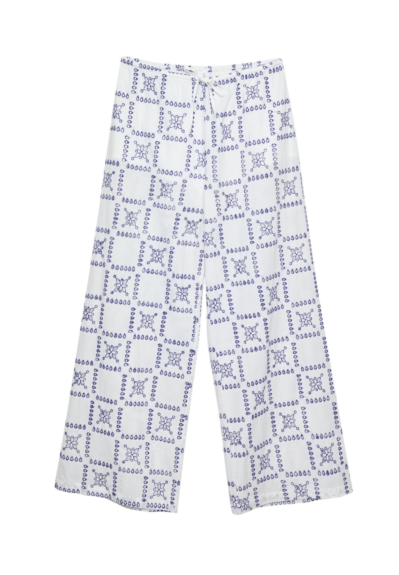 Weiße Schlaghose mit einem blauen geometrischen Muster aus Quadraten und Tropfenformen. Elastischer Bund, leichte Stoffqualität, lässiges Design.