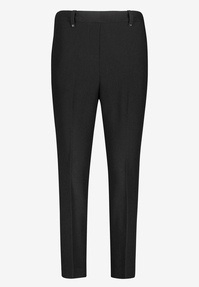 Schwarze, taillierte Slim-Fit-Hosen mit Gürtelschlaufen und Vorderfalten-Details, geeignet für formelle Anlässe oder Bürokleidung.