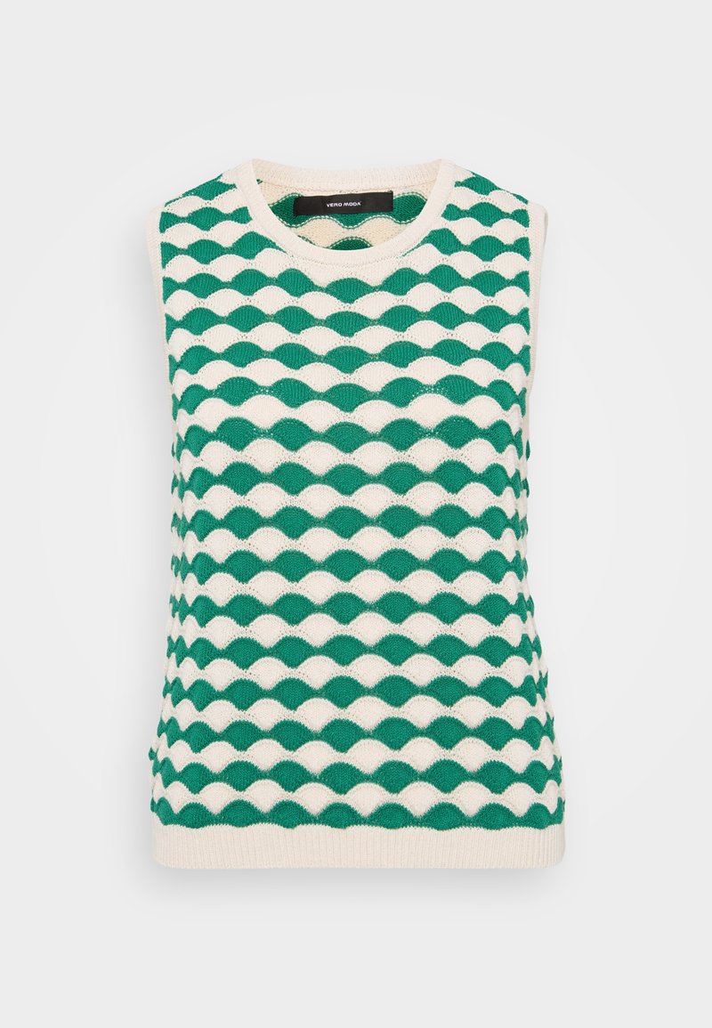 Grüner und cremefarbener, gestrickter ärmelloser Top mit welligem Muster. Das Design umfasst einen Rundhalsausschnitt und gerippte Kanten.