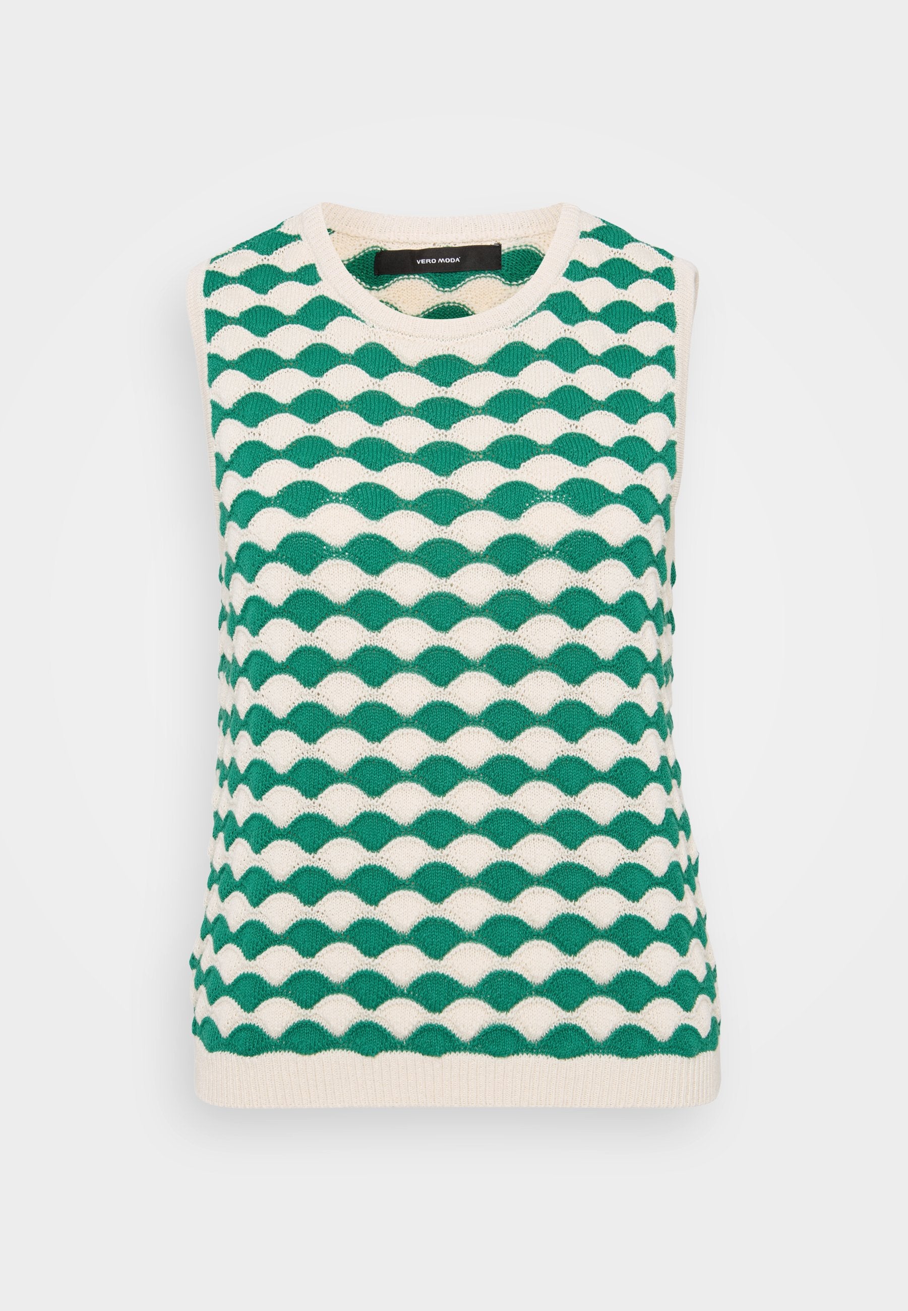 Grüner und cremefarbener, gestrickter ärmelloser Top mit welligem Muster. Das Design umfasst einen Rundhalsausschnitt und gerippte Kanten.