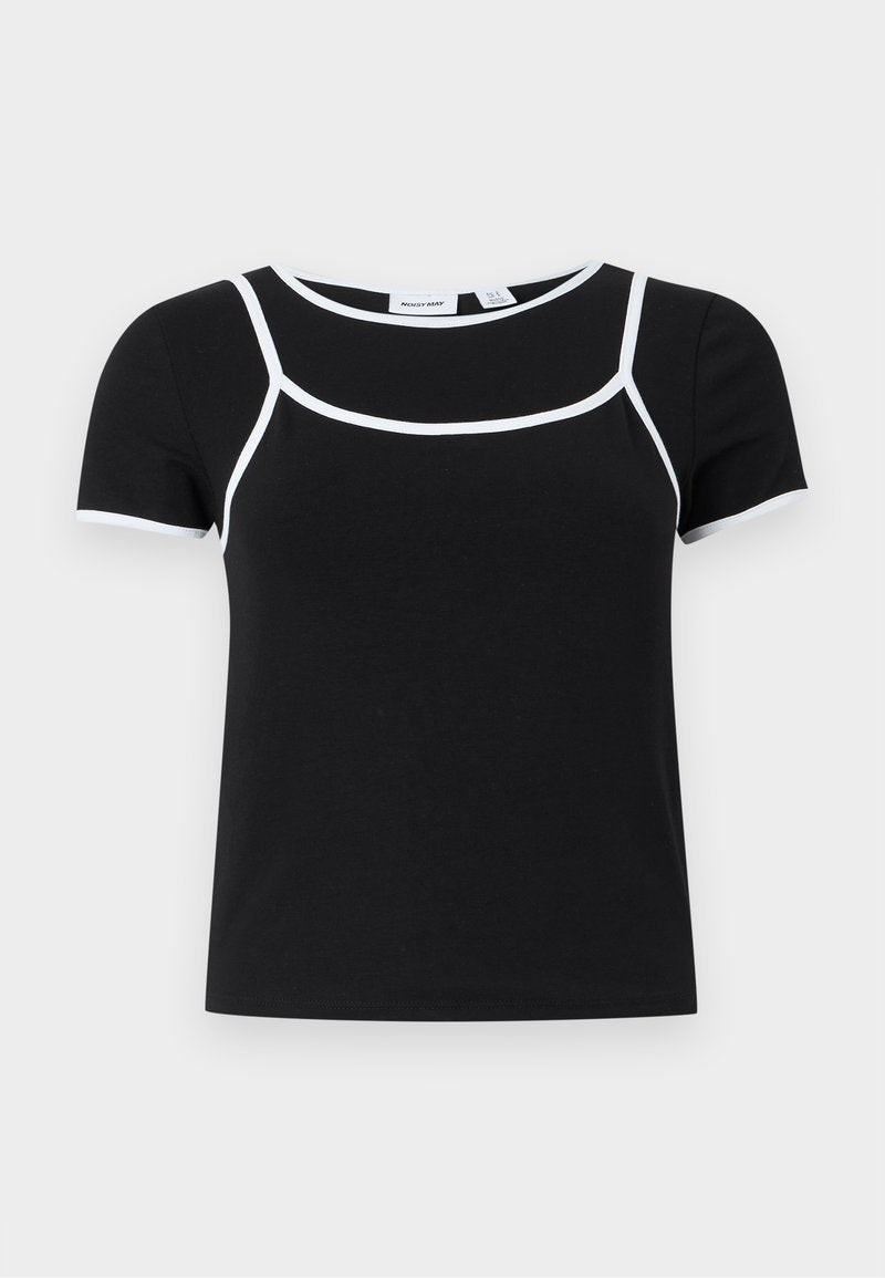 Schwarzes Crop-Top mit kurzen Ärmeln und weißer Umrandung entlang des Halsausschnitts, des Brustbereichs und der Ärmelkanten, flach auf einem hellen Hintergrund liegend.