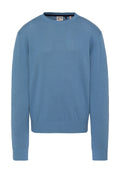 Blauer Strickpullover mit Rundhalsausschnitt und langen Ärmeln, mit gerippten Bündchen und Saum, sowie einem kleinen Markenlabel im inneren Nackenbereich.
