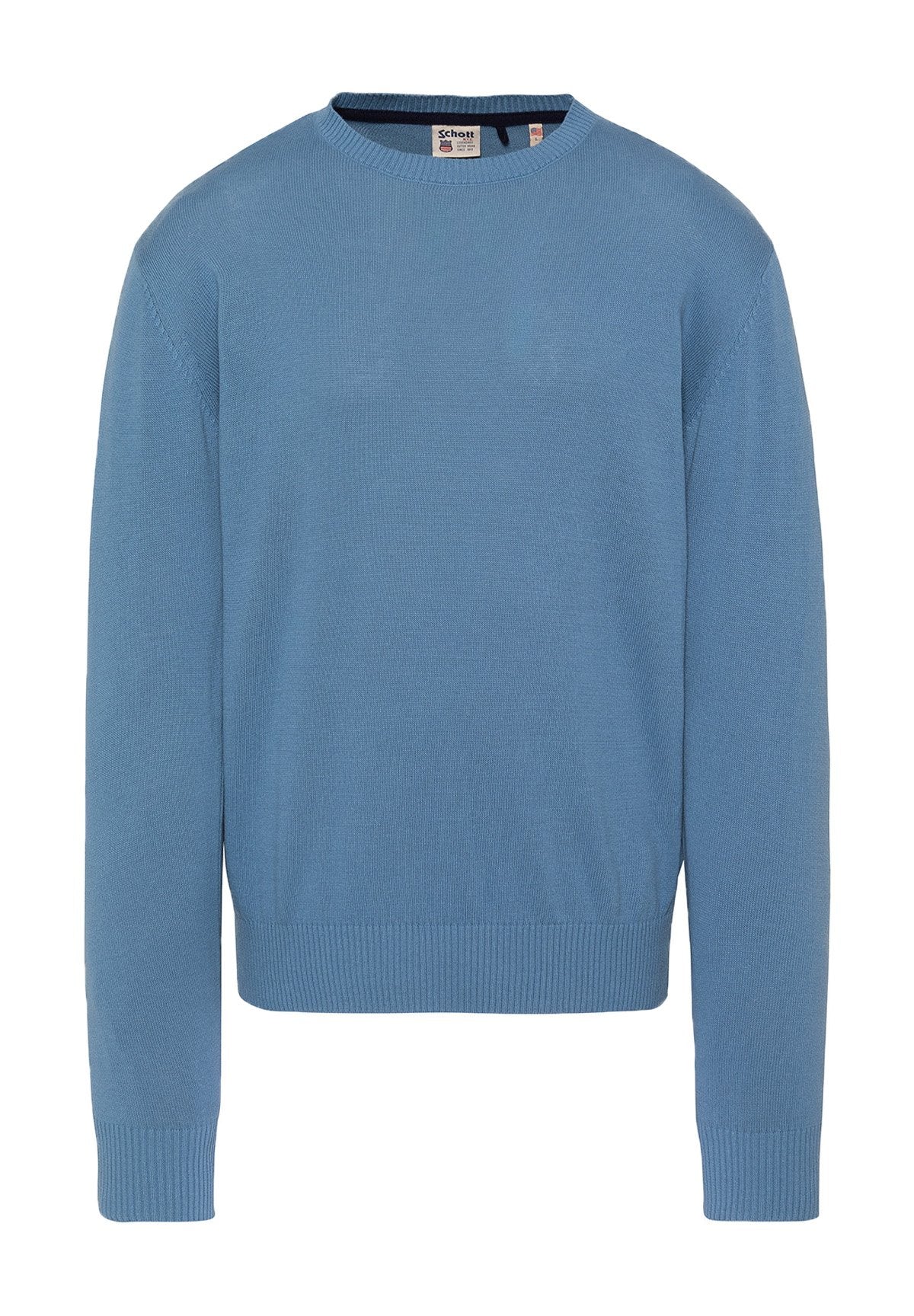 Blauer Strickpullover mit Rundhalsausschnitt und langen Ärmeln, mit gerippten Bündchen und Saum, sowie einem kleinen Markenlabel im inneren Nackenbereich.