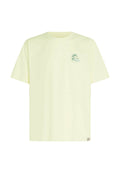 Hellgelbes Baumwoll-T-Shirt mit rundem Ausschnitt, kurzen Ärmeln und einem kleinen grünen Logo auf der linken Brust vorne.