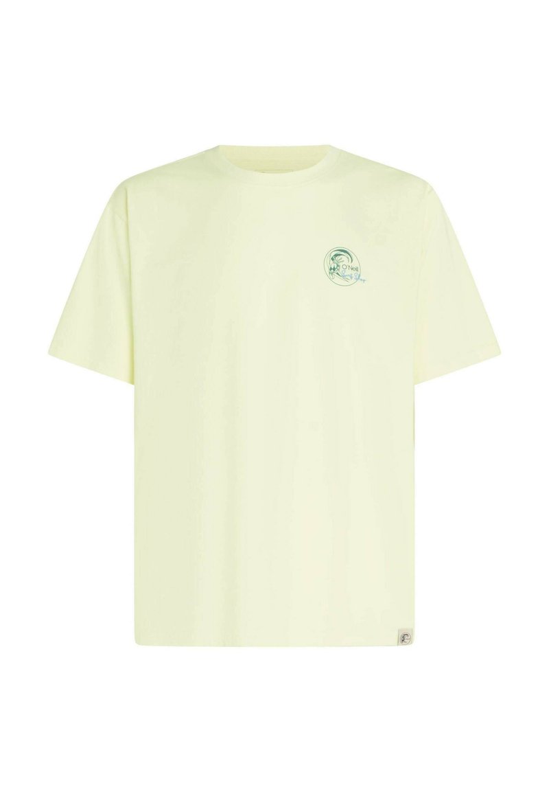 Hellgelbes Baumwoll-T-Shirt mit rundem Ausschnitt, kurzen Ärmeln und einem kleinen grünen Logo auf der linken Brust vorne.