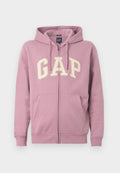 Rosa Zip-Hoodie mit Kordelzügen, auf der Vorderseite mit einem großen cremefarbenen "GAP"-Logo. Es hat zwei Fronttaschen und gerippte Bündchen.