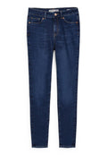 Dunkelblaue Jeans aus Denim mit slim fit, fünf Taschen, kontrastierenden Nähten sowie einem Knopf- und Reißverschluss an der Taille.