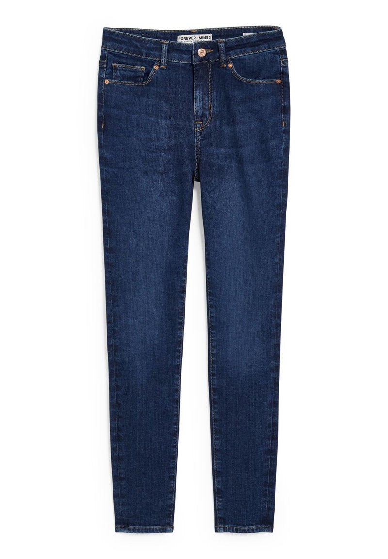 Dunkelblaue Jeans aus Denim mit slim fit, fünf Taschen, kontrastierenden Nähten sowie einem Knopf- und Reißverschluss an der Taille.