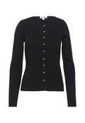 Schwarze gerippte Strickjacke mit langen Ärmeln, Rundhals-Ausschnitt und Knopfverschluss, der dekorative Knöpfe in Silberoptik entlang der Vorderseite aufweist.