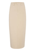 Beige Bleistiftrock aus einem glatten Stoff. Verfügt über einen Bund, Gürtelschlaufen und zwei Vorderentaschen mit einem maßgeschneiderten Erscheinungsbild.