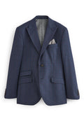 Marineblauer karierter Blazer mit Ein-Knopf-Verschluss, Reverskragen, Kläppchen-Taschen und einem gemusterten Einstecktuch in der Brusttasche.