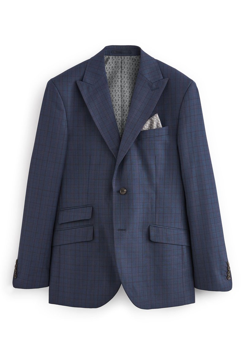 Marineblauer karierter Blazer mit Ein-Knopf-Verschluss, Reverskragen, Kläppchen-Taschen und einem gemusterten Einstecktuch in der Brusttasche.