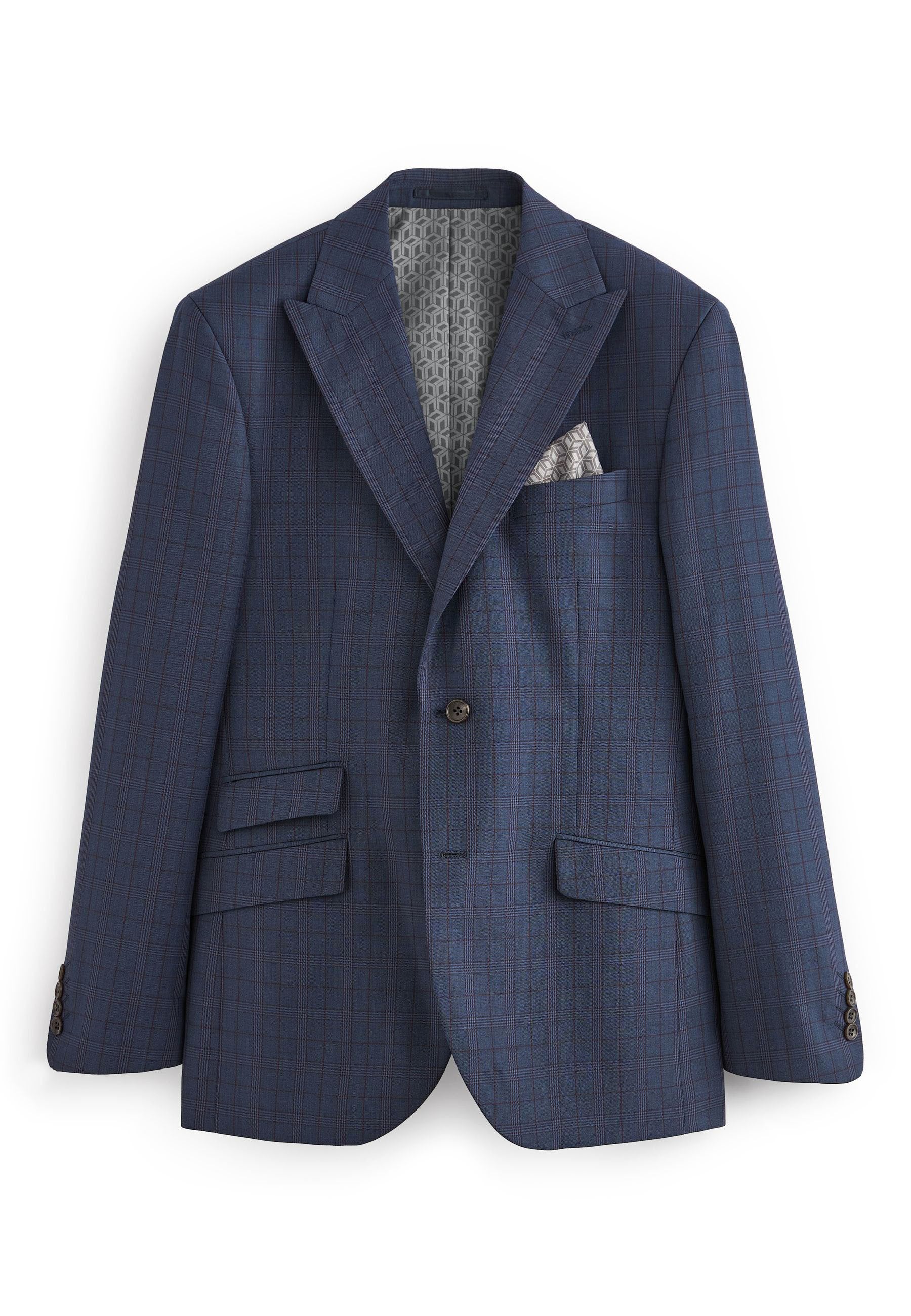 Marineblauer karierter Blazer mit Ein-Knopf-Verschluss, Reverskragen, Kläppchen-Taschen und einem gemusterten Einstecktuch in der Brusttasche.