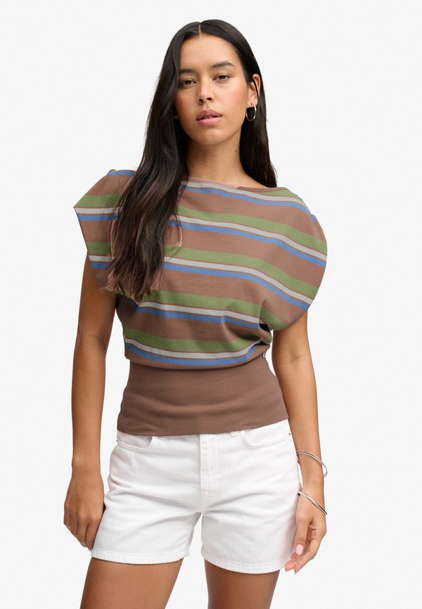 Superdry & Co SUPERDRY DEEP RIB STRIPE BARDOT TOP.. - Print T-shirt - brown green stripe