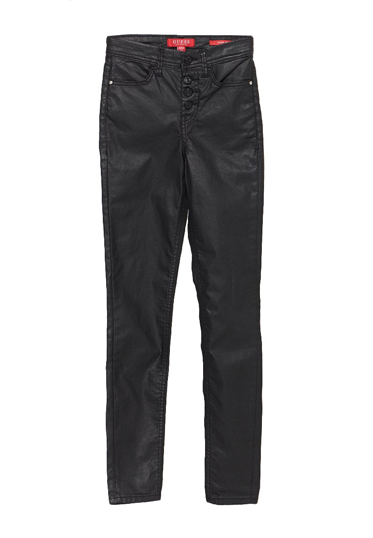 Schwarze Skinny-Jeans aus glattem, Kunstleder mit einem Fünf-Knopf-Verschluss, seitlichen Taschen und dezenten Nahtdetails.