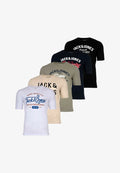 Jack & Jones 5ER PACK LEOGRA CREW NECK KURZARM RUNDHALS 
 LOGO  - Print T-shirt - schwarz weiß blau grün beige