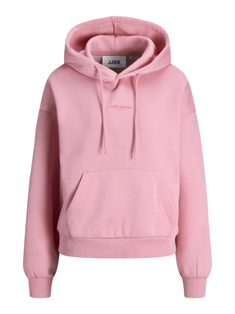Rosa Kapuzensweatshirt mit Kängurutasche vorne, Kordelzügen, gerippten Bündchen und Saum sowie kleinem „JJXX Studio“-Logo auf der Brust.