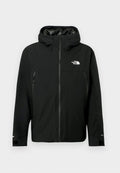 Schwarze Kapuzenjacke mit Reißverschluss vorne, zwei seitlichen Reißverschlusstaschen, verstellbaren Bündchen und einem Logo auf der Brust. Glatte Textur und wasserdichtes Material.