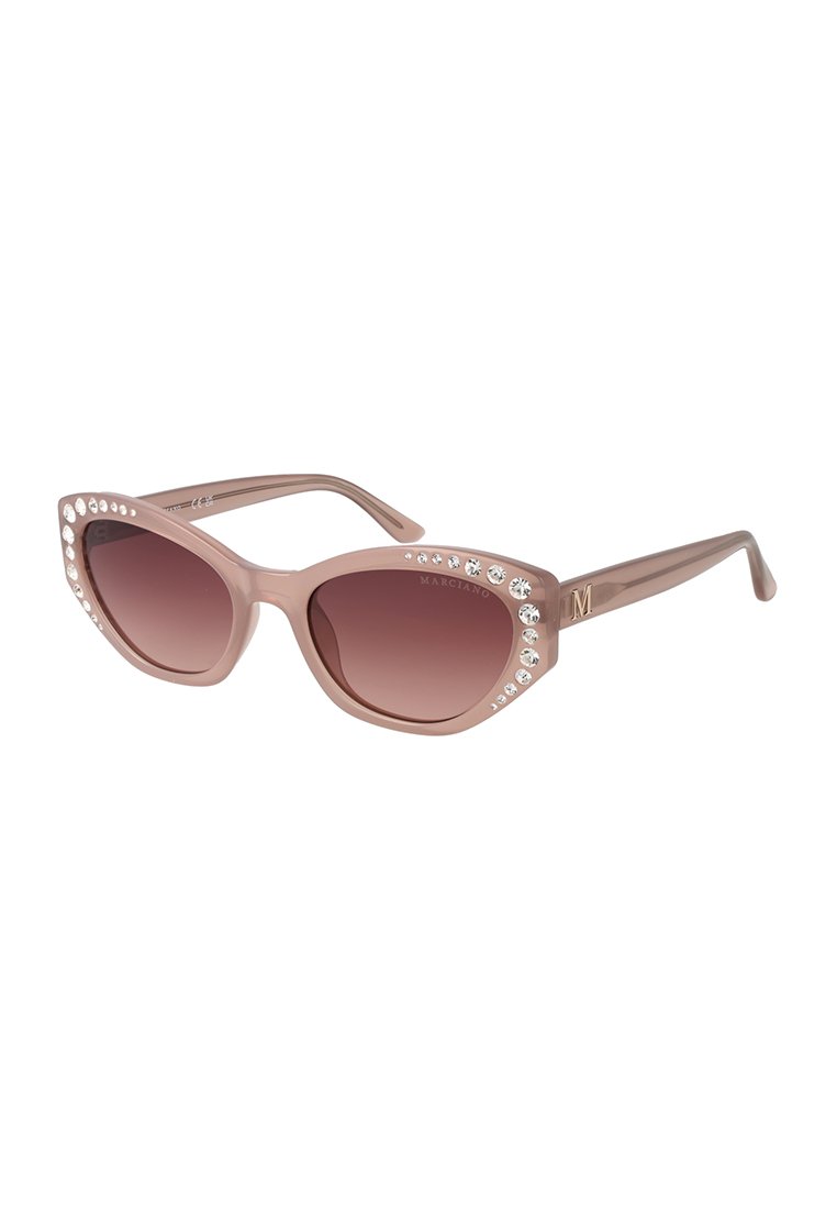 Katzenaugen-Sonnenbrille mit einem hellrosa Rahmen, verlaufenden braunen Gläsern und Kristallverzierungen entlang der oberen Kante. Goldenes "M"-Logo am Bügel.