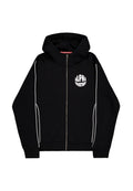 Schwarze Zip-Hoodie aus weichem Stoff, mit einem großen weißen "ALPHA INDUSTRIES"-Logo auf der Brust und weißen Seitenstreifen.