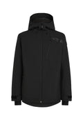 Schwarze Jacke mit Kapuze, Reißverschluss vorne und Brusttasche. Verfügt über ein strukturiertes Material mit elastischen Bündchen und einem leicht verlängerten hinteren Saum.