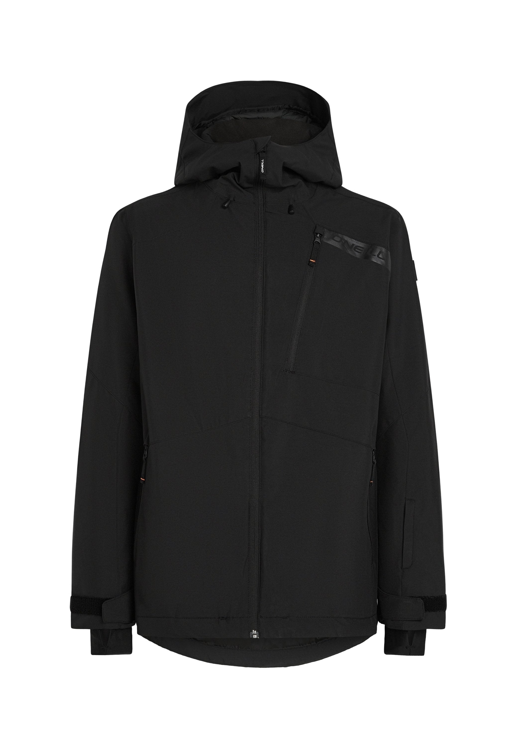 Schwarze Jacke mit Kapuze, Reißverschluss vorne und Brusttasche. Verfügt über ein strukturiertes Material mit elastischen Bündchen und einem leicht verlängerten hinteren Saum.