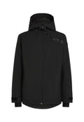 Schwarze Jacke mit Kapuze, Reißverschluss vorne und Brusttasche. Verfügt über ein strukturiertes Material mit elastischen Bündchen und einem leicht verlängerten hinteren Saum.