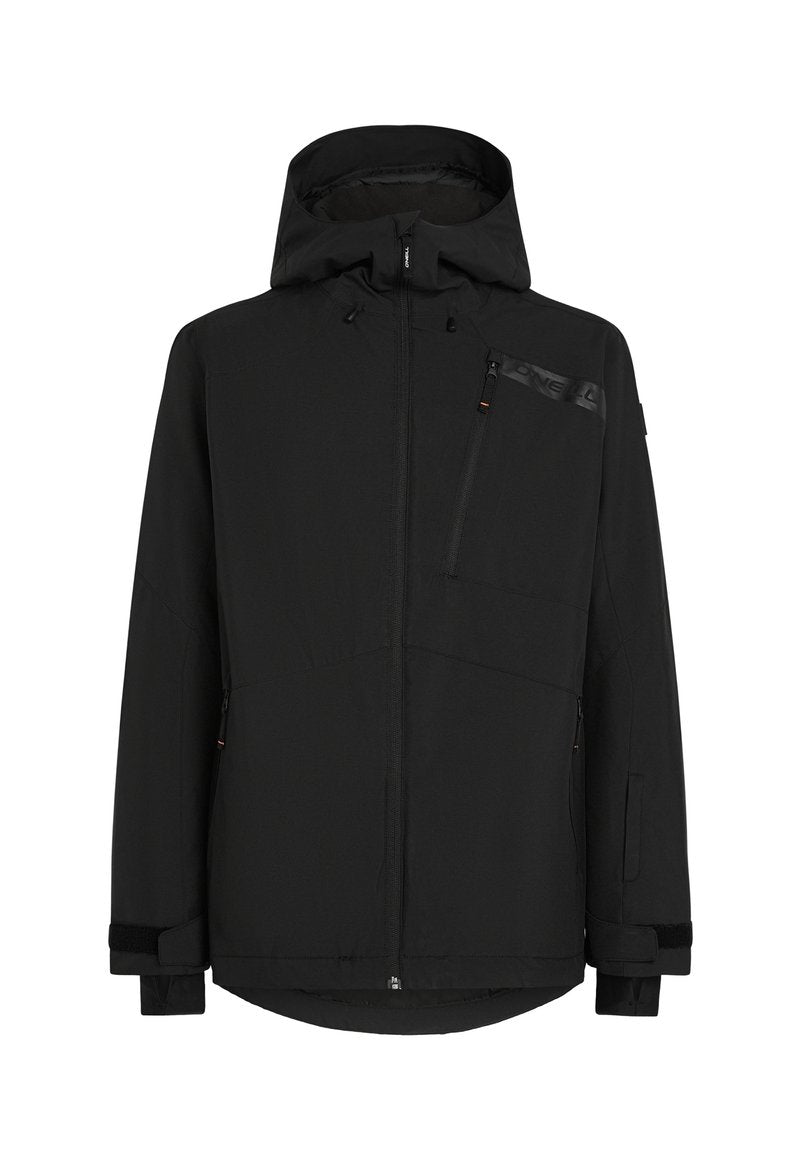 Schwarze Jacke mit Kapuze, Reißverschluss vorne und Brusttasche. Verfügt über ein strukturiertes Material mit elastischen Bündchen und einem leicht verlängerten hinteren Saum.