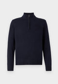 Navyblaues Sweatshirt mit einem halben Reißverschlusskragen, langen Ärmeln und geripptem Saum und Bündchen. Glatte Textur mit einem dezenten Logo-Detail auf der Brust.