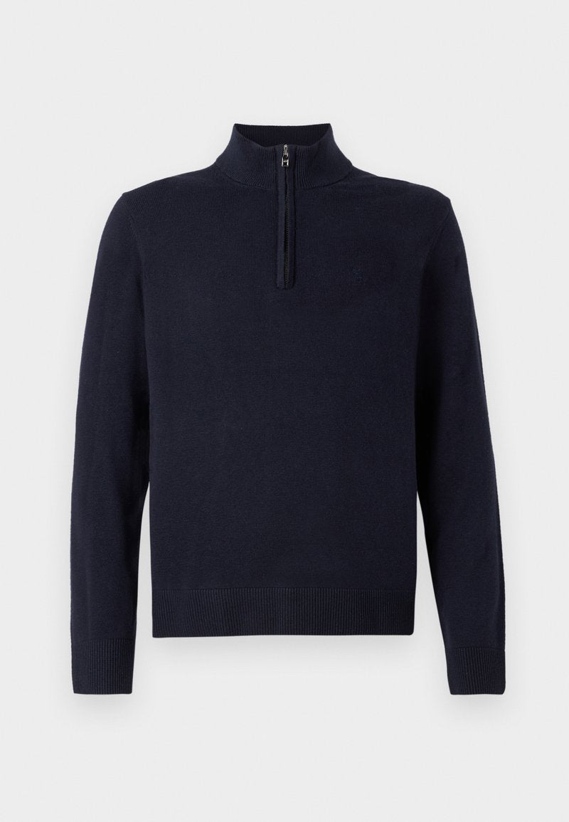 Navyblaues Sweatshirt mit einem halben Reißverschlusskragen, langen Ärmeln und geripptem Saum und Bündchen. Glatte Textur mit einem dezenten Logo-Detail auf der Brust.