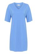 Helles, blaues V-Ausschnitt-T-Shirt-Kleid aus weichem, atmungsaktivem Material. Hat kurze Ärmel und eine lässige Passform, ideal für die Freizeit.
