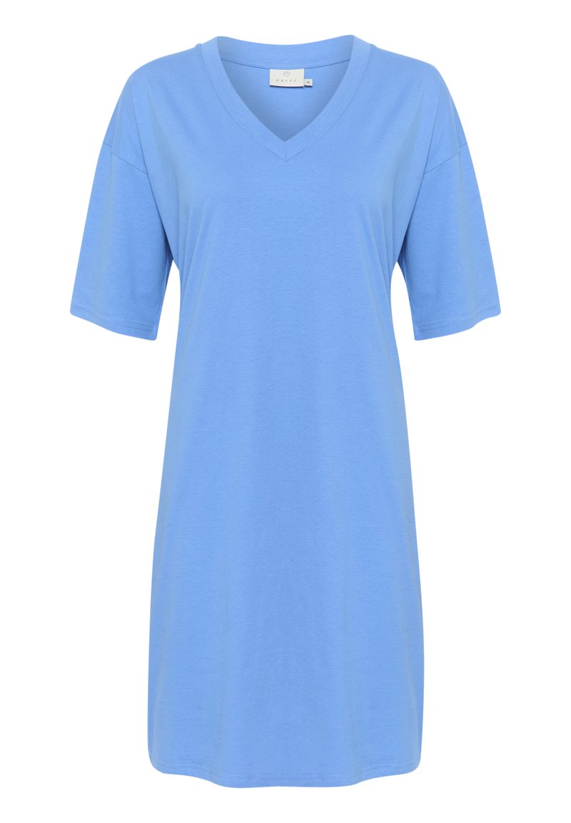 Helles, blaues V-Ausschnitt-T-Shirt-Kleid aus weichem, atmungsaktivem Material. Hat kurze Ärmel und eine lässige Passform, ideal für die Freizeit.