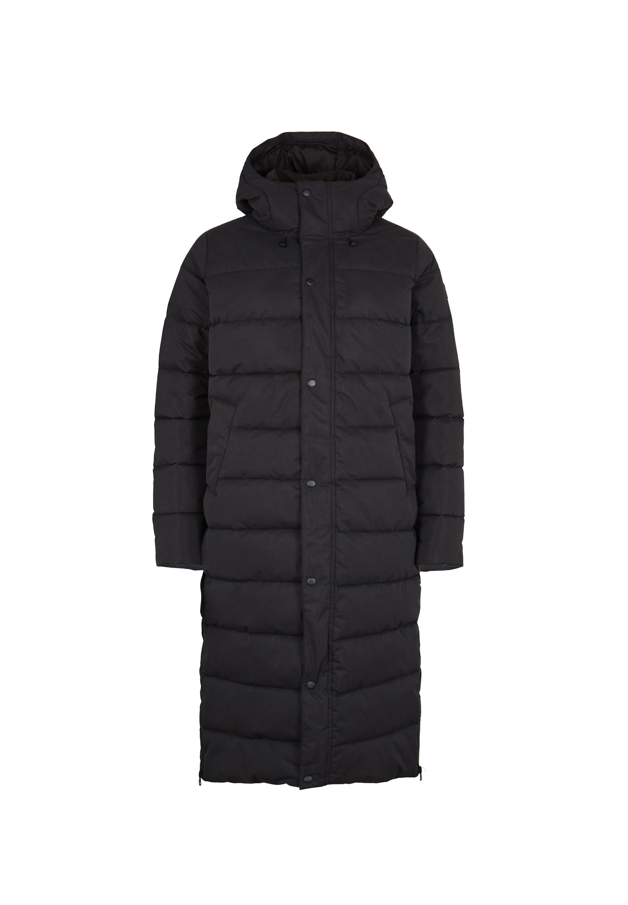Schwarze Pufferjacke mit langem Schnitt, Kapuze und Druckknopfschluss. Ausgestattet mit gestepptem Muster und seitlichen Taschen für zusätzlichen Nutzen.