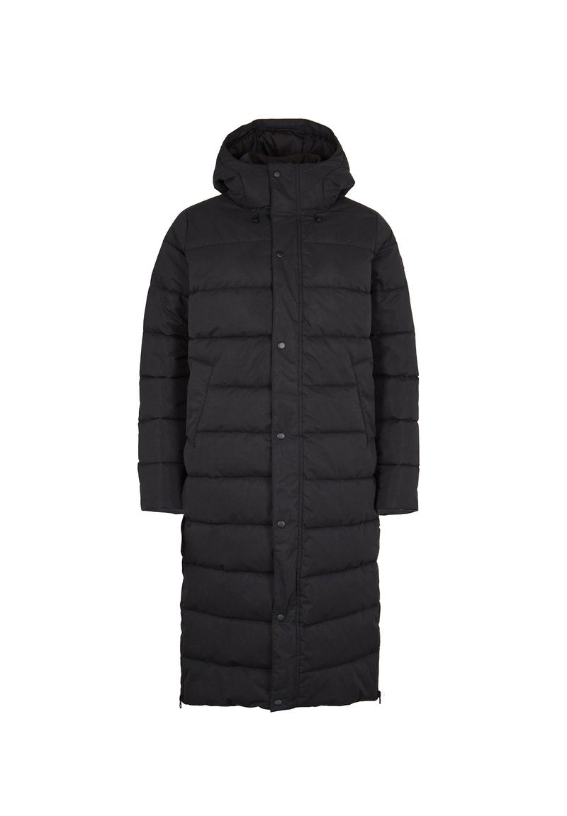 Schwarze Pufferjacke mit langem Schnitt, Kapuze und Druckknopfschluss. Ausgestattet mit gestepptem Muster und seitlichen Taschen für zusätzlichen Nutzen.