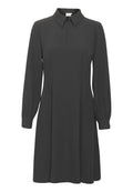 Dunkelgraues Kleid aus glattem Stoff, mit Kragen, langen Puffärmeln und einer schlanken Silhouette mit Vorderfalten.