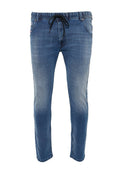 Denim-Jogginghosen in Hellblau mit elastischem Bund und Kordelzug, Seitentaschen und schmal zulaufendem Bein.