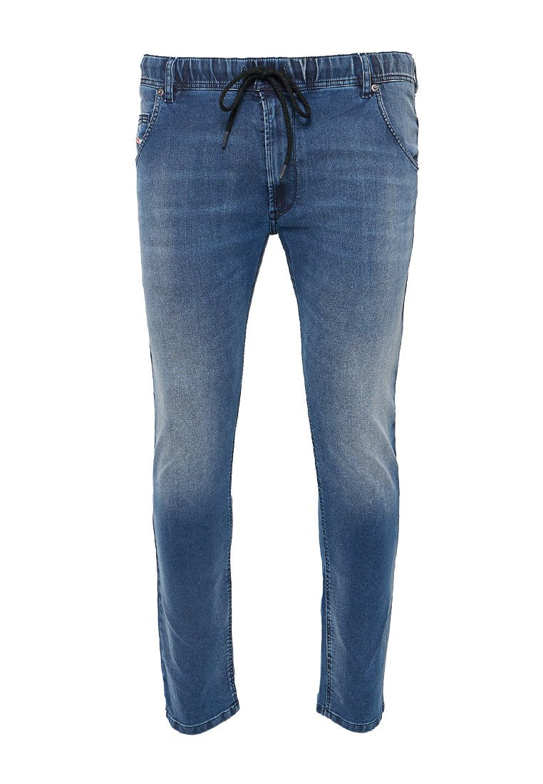 Denim-Jogginghosen in Hellblau mit elastischem Bund und Kordelzug, Seitentaschen und schmal zulaufendem Bein.