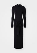 Schwarzes Langarmkleid mit hohem Ausschnitt, geknotetem Taillendetail und einer eleganten, figurschmeichelnden Silhouette. Hergestellt aus elastischem Stoff.