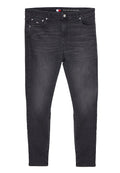 Hoch geschnittene Skinny-Jeans aus dunkelgrauem Denim mit vorderen Taschen, einem Reißverschluss und einem gebrandeten Bund. Verfügt über minimale Verfärbungen und Nähdetails.