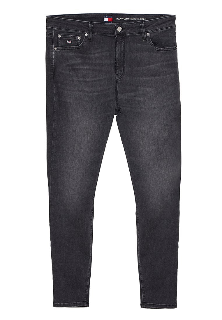 Hoch geschnittene Skinny-Jeans aus dunkelgrauem Denim mit vorderen Taschen, einem Reißverschluss und einem gebrandeten Bund. Verfügt über minimale Verfärbungen und Nähdetails.