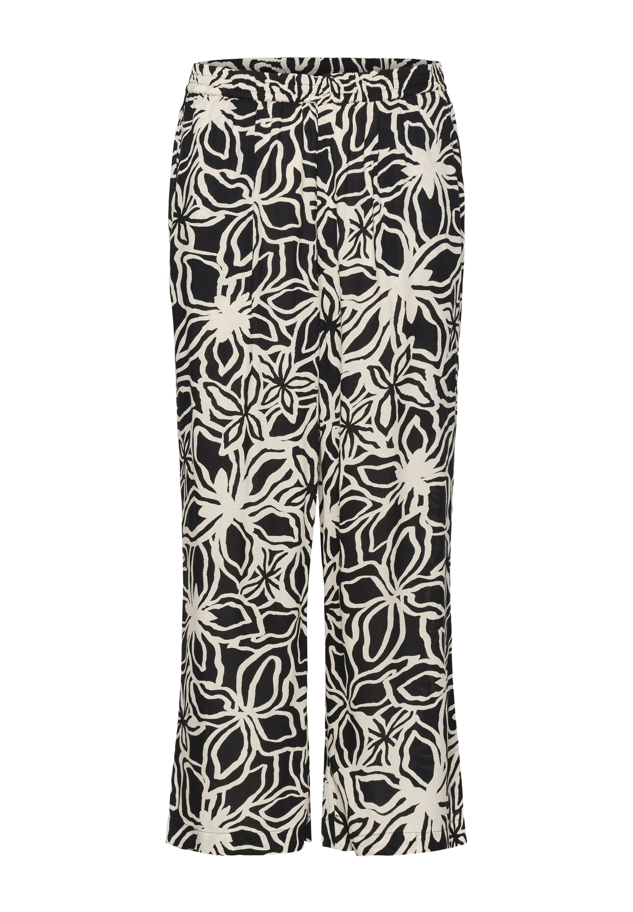 Schwarz-weiße, floral gemusterte weite Hosen mit elastischem Bund, aus leichtem Stoff und mit glatter Textur.