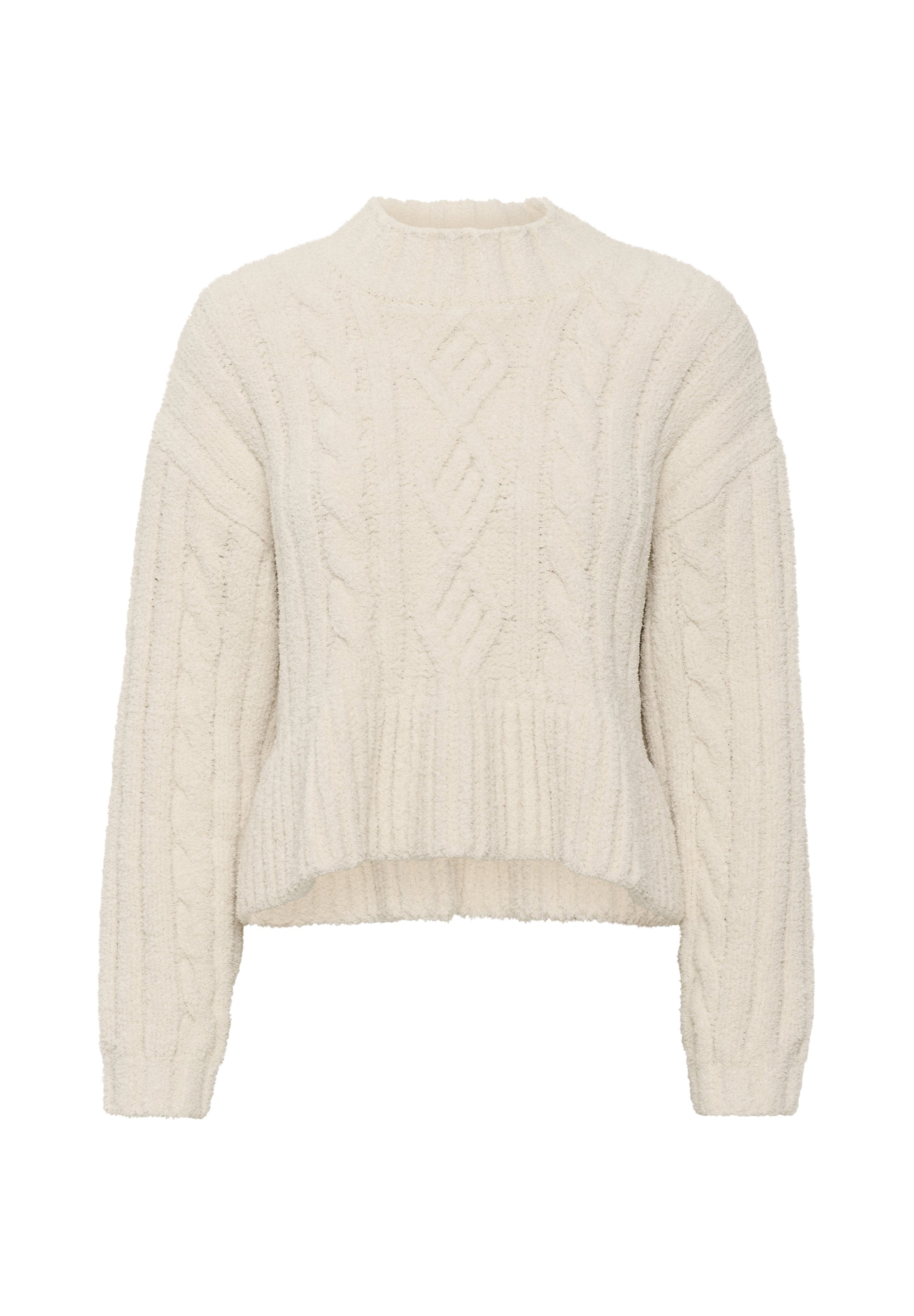 Cremfarbener strukturierter Pullover mit hohem, rundem Halsausschnitt, Zopfmuster und geripptem Saum, mit langen Ärmeln und cropped Passform.