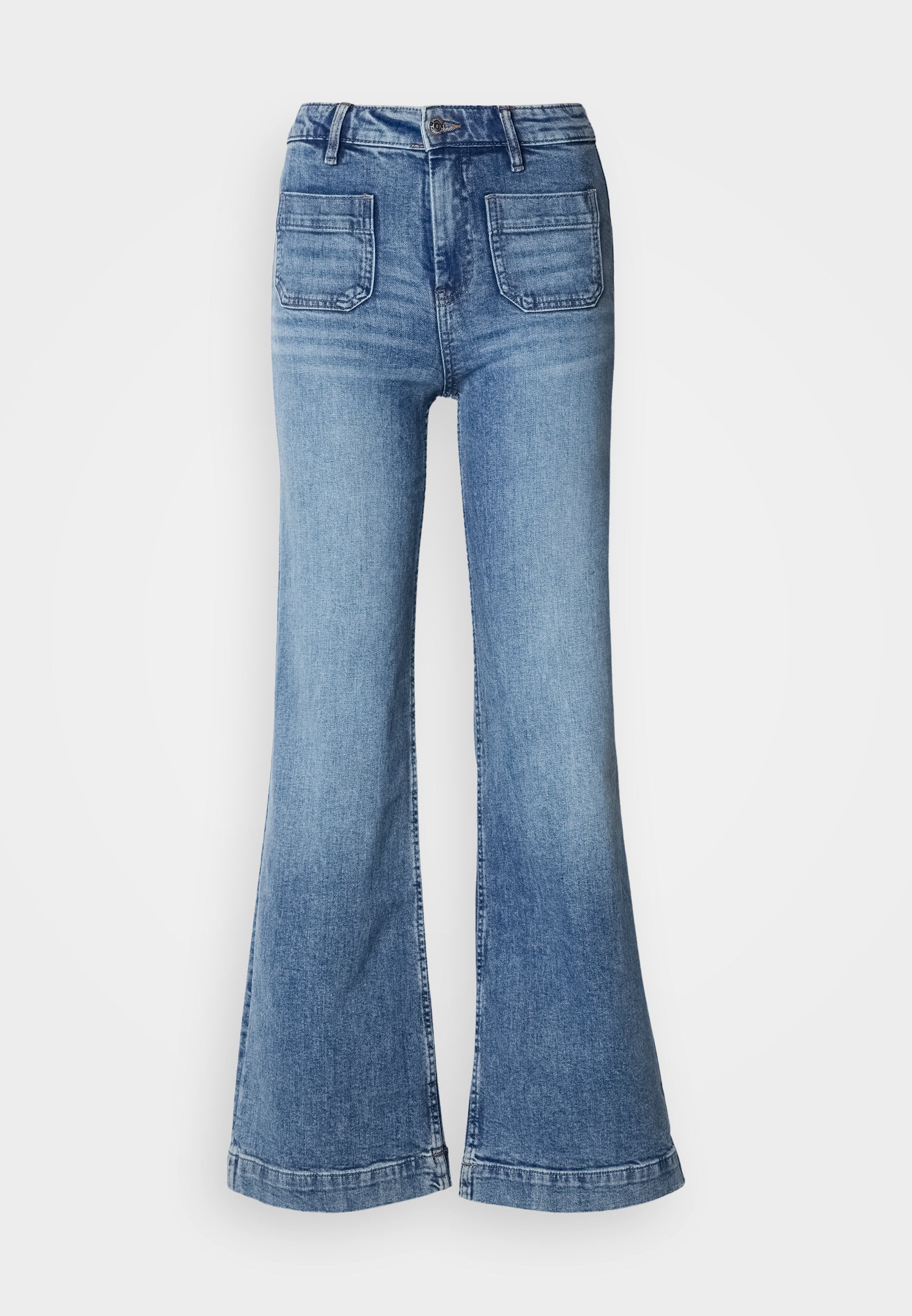 Hochgeschnittene, ausgestellte Jeans aus hellblauem Denim mit zwei Gesäßtaschen, rohem Saum und subtiler Ausbleichung an den Oberschenkeln. Klassisches Fünf-Taschen-Design.