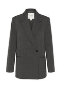 Grau gestreifter Blazer mit Reverskragen, doppelt geknöpfter Vorderseite, Ein-Knopf-Verschluss und zwei Fronttaschen. Strukturierter Stoff.