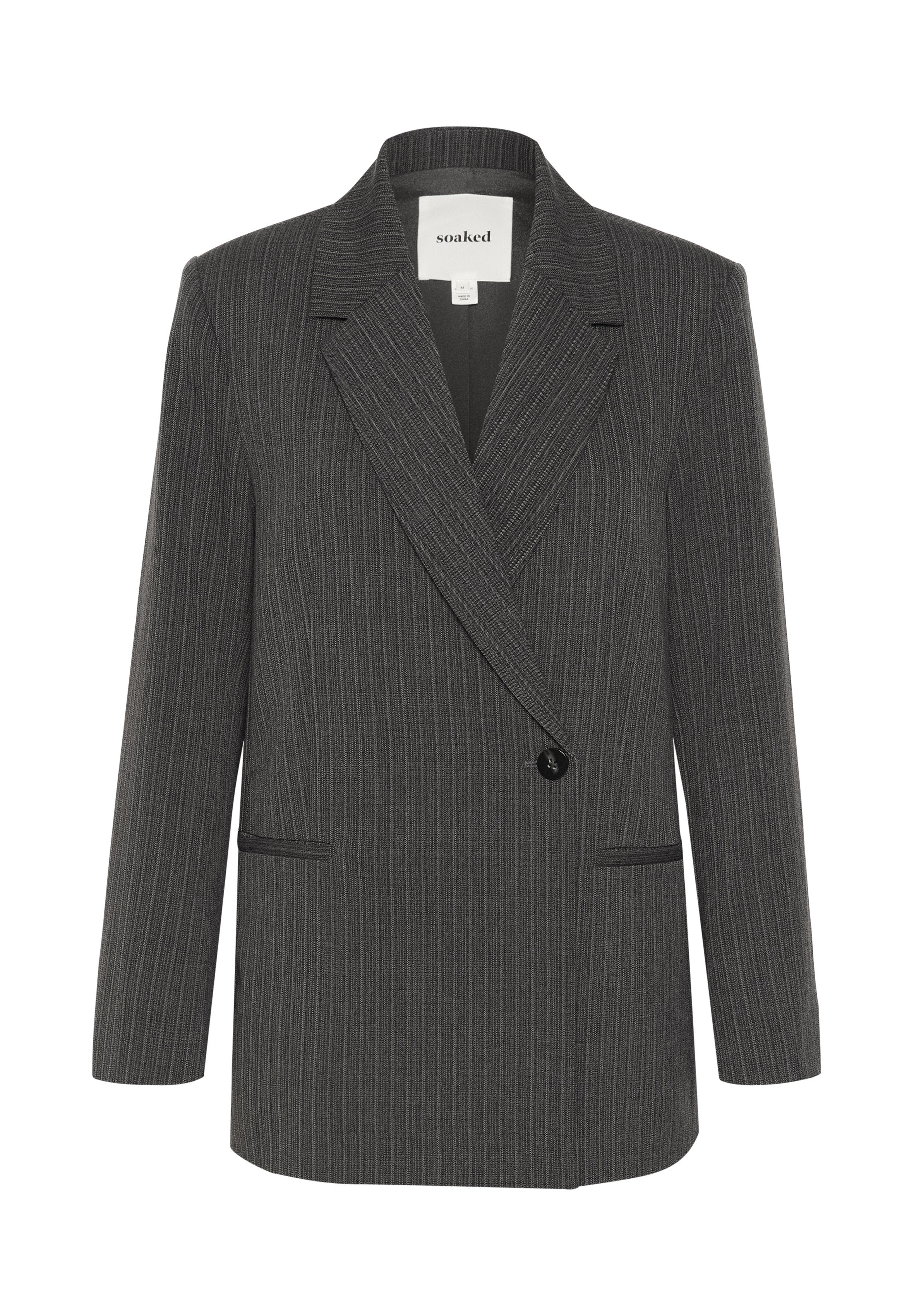 Grau gestreifter Blazer mit Reverskragen, doppelt geknöpfter Vorderseite, Ein-Knopf-Verschluss und zwei Fronttaschen. Strukturierter Stoff.