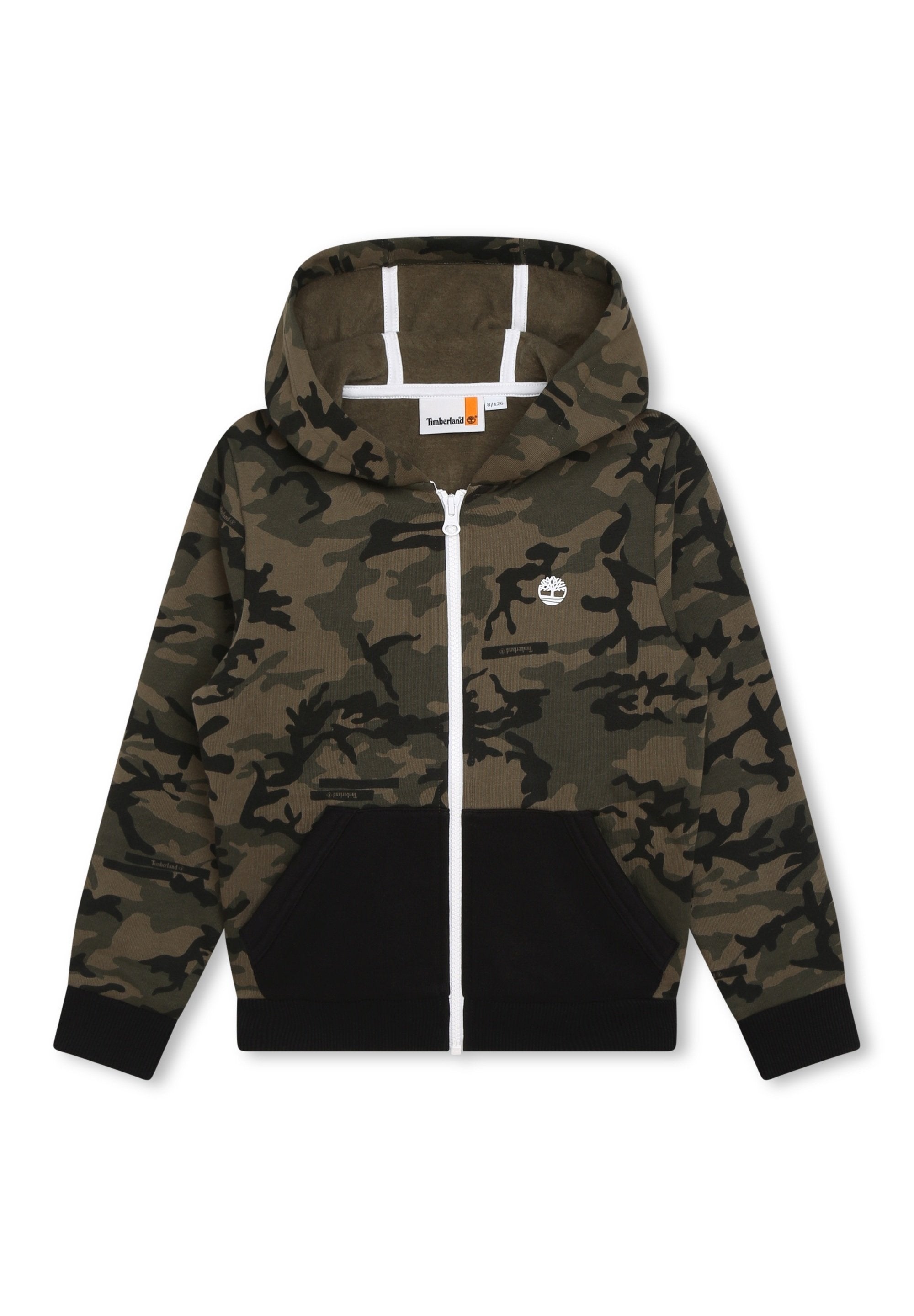 Tarnfarbenes Hoodie in Grün und Schwarz, mit durchgehendem Reißverschluss, großer Kapuze, weißen Akzenten und zwei schwarzen Fronttaschen. Material aus Baumwollmischung.