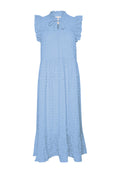 Himmelblaues knöchellanges Kleid mit Rüschenshcultern, strukturierter Stoff mit dezentem Muster und einem Ausschnitt mit Schlüssel-Detail.