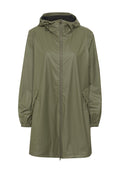 Wasserabweisende olivgrüne Regenjacke mit Reißverschluss, verstellbarer Kapuze, elastischen Bündchen und Seitentaschen. Glattes, leichtes Material.